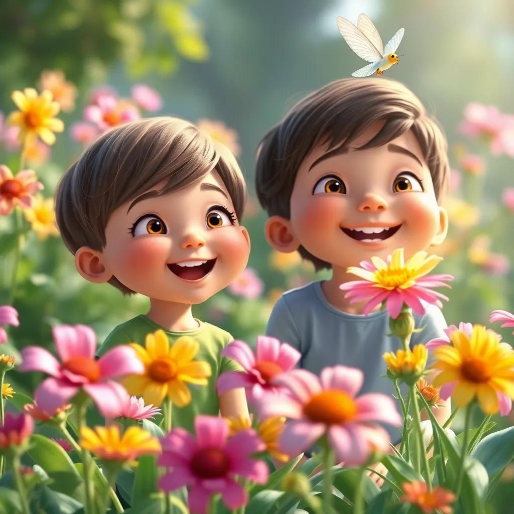 Children looking joyfully at blooming flowers as Zephyr flits from flower to flower, the garden radiating happiness, digital art, bright colors, uplifting scene, high quality