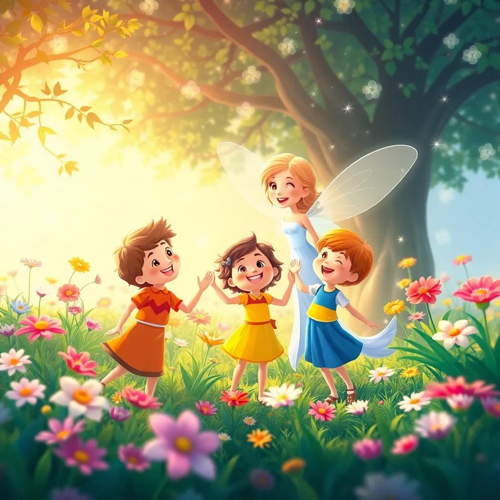 Zephyr celebrating with the children in the garden as magic fills the air, flowers blooming vibrantly around them, whimsical style, bright and warm colors, joyful atmosphere, high quality