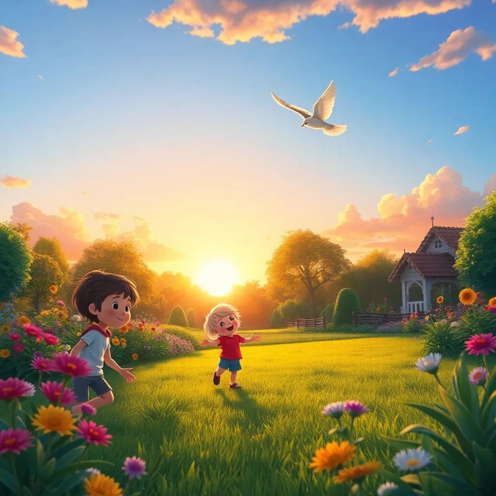 A view of the garden at sunset, children happily playing and learning about nature, Zephyr flying above, shining bright, fantasy illustration, vivid colors, heartwarming scene, high quality