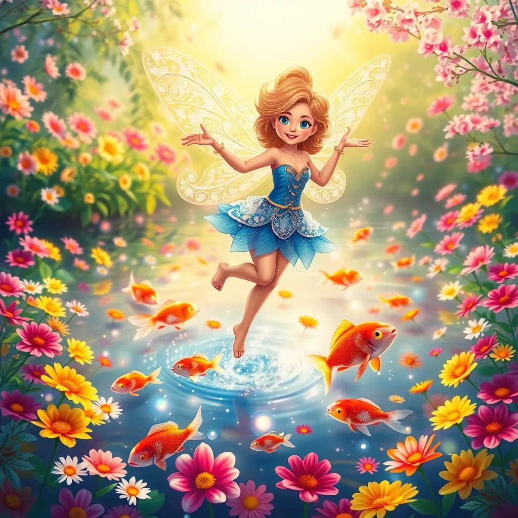 A cheerful fairy, Lila, with delicate shimmering wings, dancing above a sparkling pond filled with colorful fish surrounded by bright flowers, illustration, vibrant colors, joyful scenery, high quality