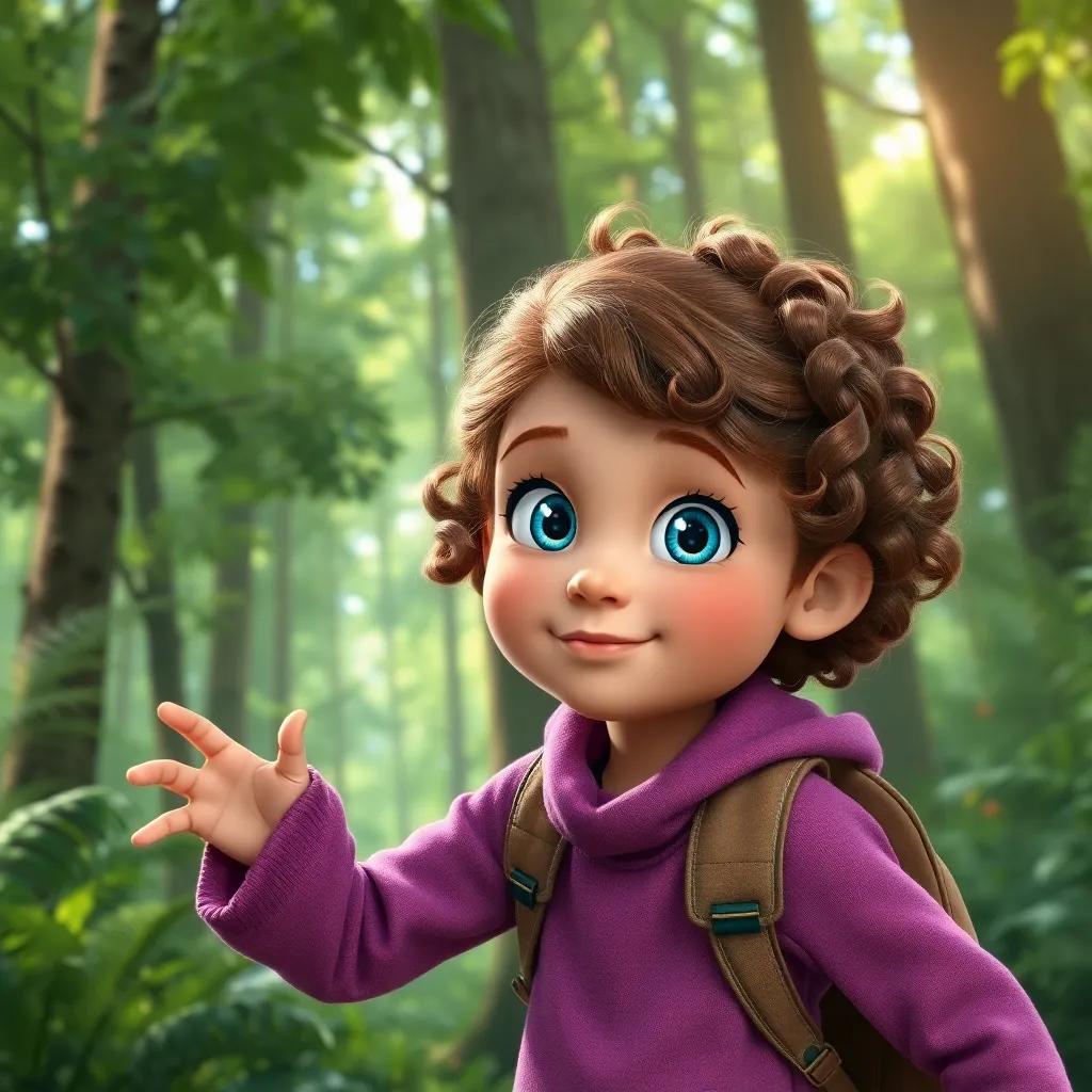 A curious girl, M, with bright blue eyes and curly brown hair, exploring a lush green forest with tall trees, digital art, vibrant colors, adventurous atmosphere, high quality