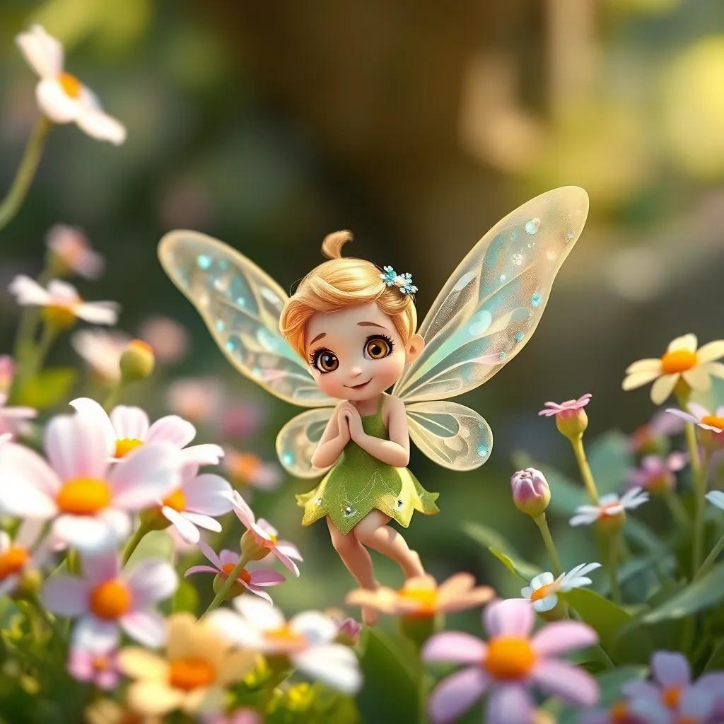 A tiny fairy named Lila with delicate, jewel-like wings, welcoming M in the glade, surrounded by flowers, cheerful and colorful, whimsical art, high quality