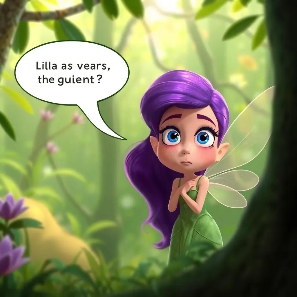 M asking Lila about her quest with wide eyes, the fairy looking serious yet friendly, lush green backdrop, engaging scene, child-friendly digital illustration, high quality