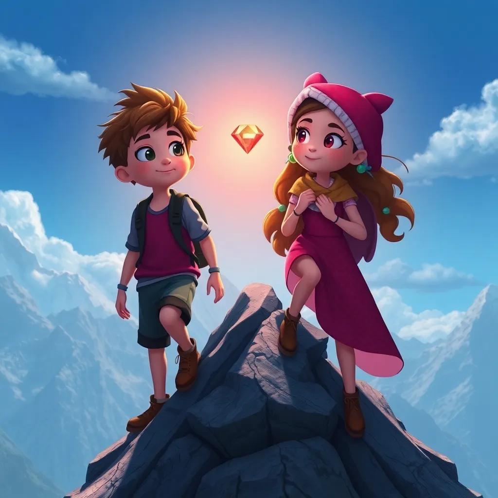 The two friends climbing Whispering Mountain, M and Lila near the summit, a bright red ruby glowing in sunlight, magical and adventurous, detailed scene, high quality