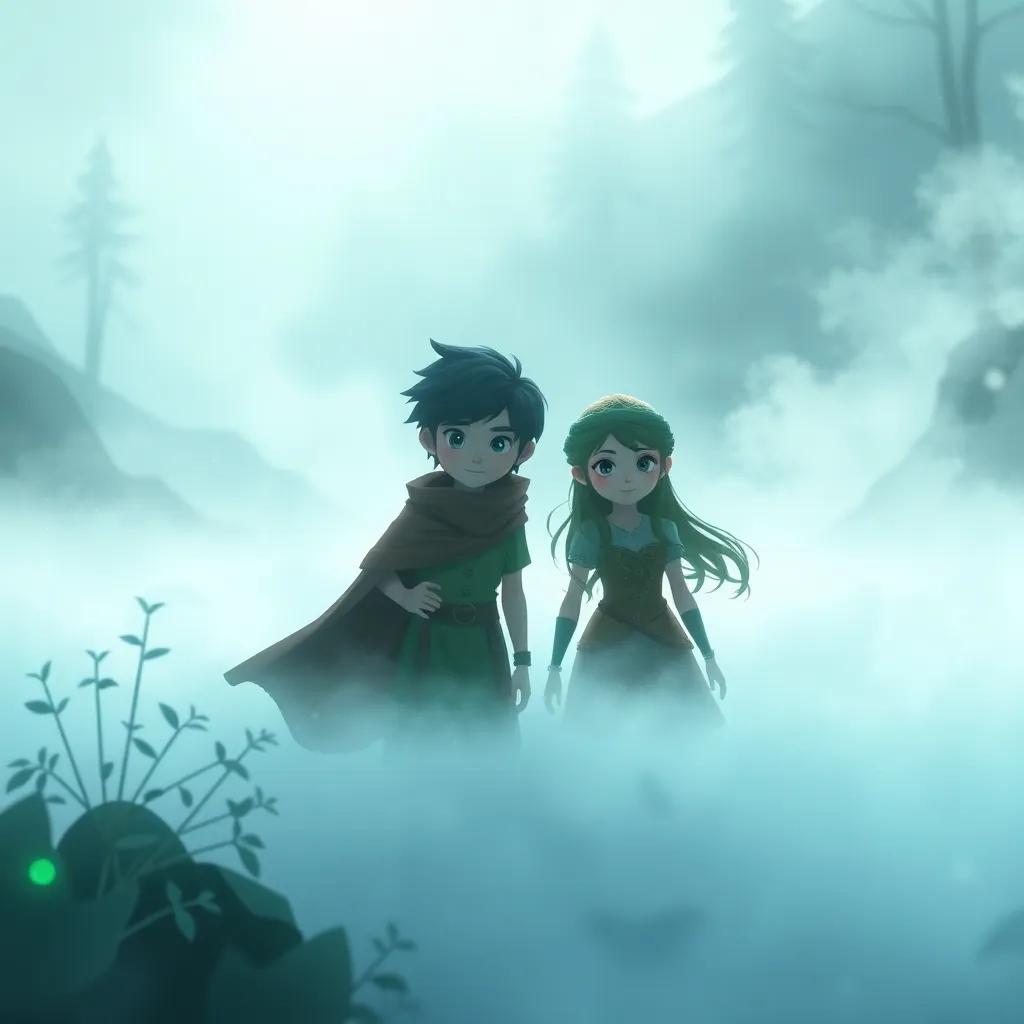 M and Lila surrounded by mist at Misty Lake, searching for the green emerald, fog swirling around them, ethereal and magical atmosphere, high quality