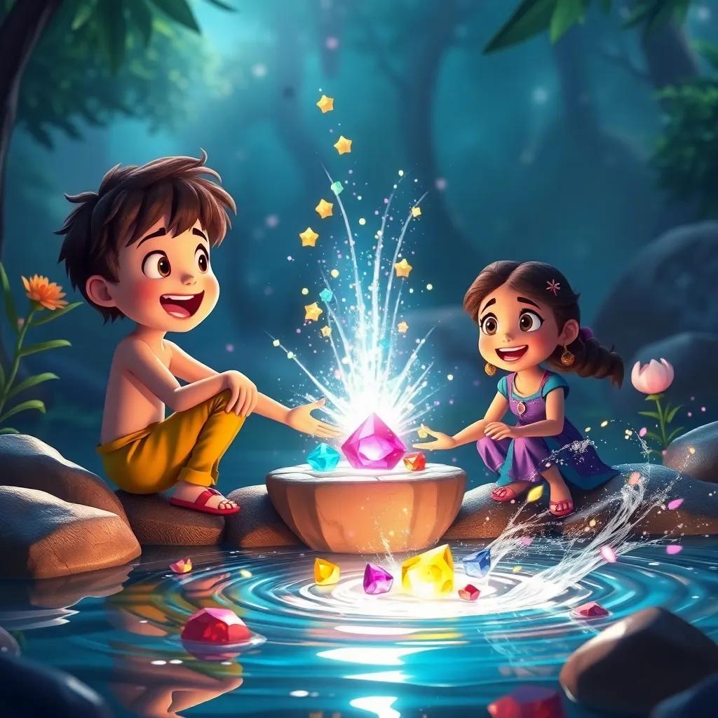 The exciting moment when M and Lila place the gems into the pond, a brilliant light erupting from the water, magic swirling around, colorful art, high quality