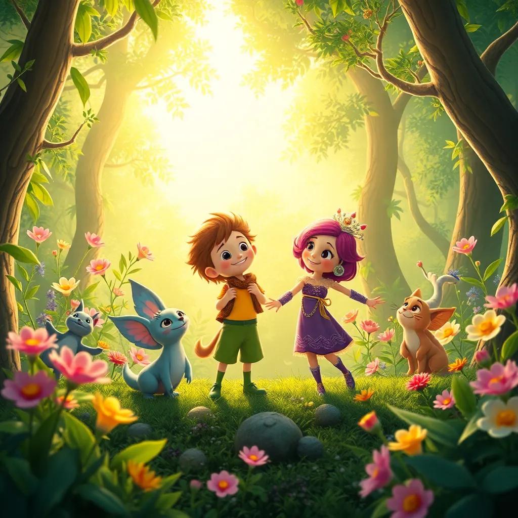 A happy scene of the enchanted forest restored, flora blooming, magical creatures appearing, M celebrating with Lila, vibrant and joyous atmosphere, high quality