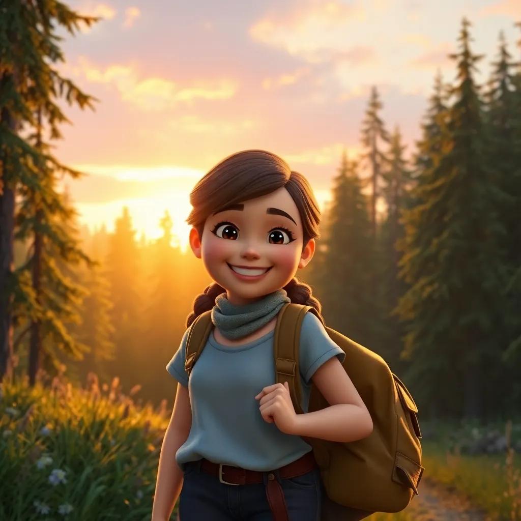 M returning home from her adventure, the forest shimmering behind her, a proud smile on her face, a warm sunset, heartwarming and magical scene, high quality