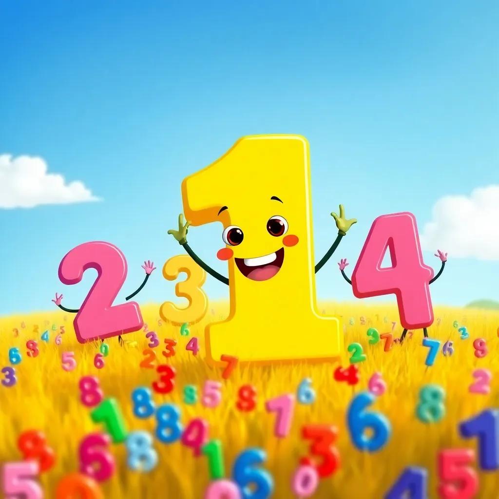 The number One, a bold character, is excitedly gathering with friendly numbers like Two, Three, and Four in a sunny field, filled with colorful numbers around them, illustration, cheerful atmosphere, warm light, child-friendly