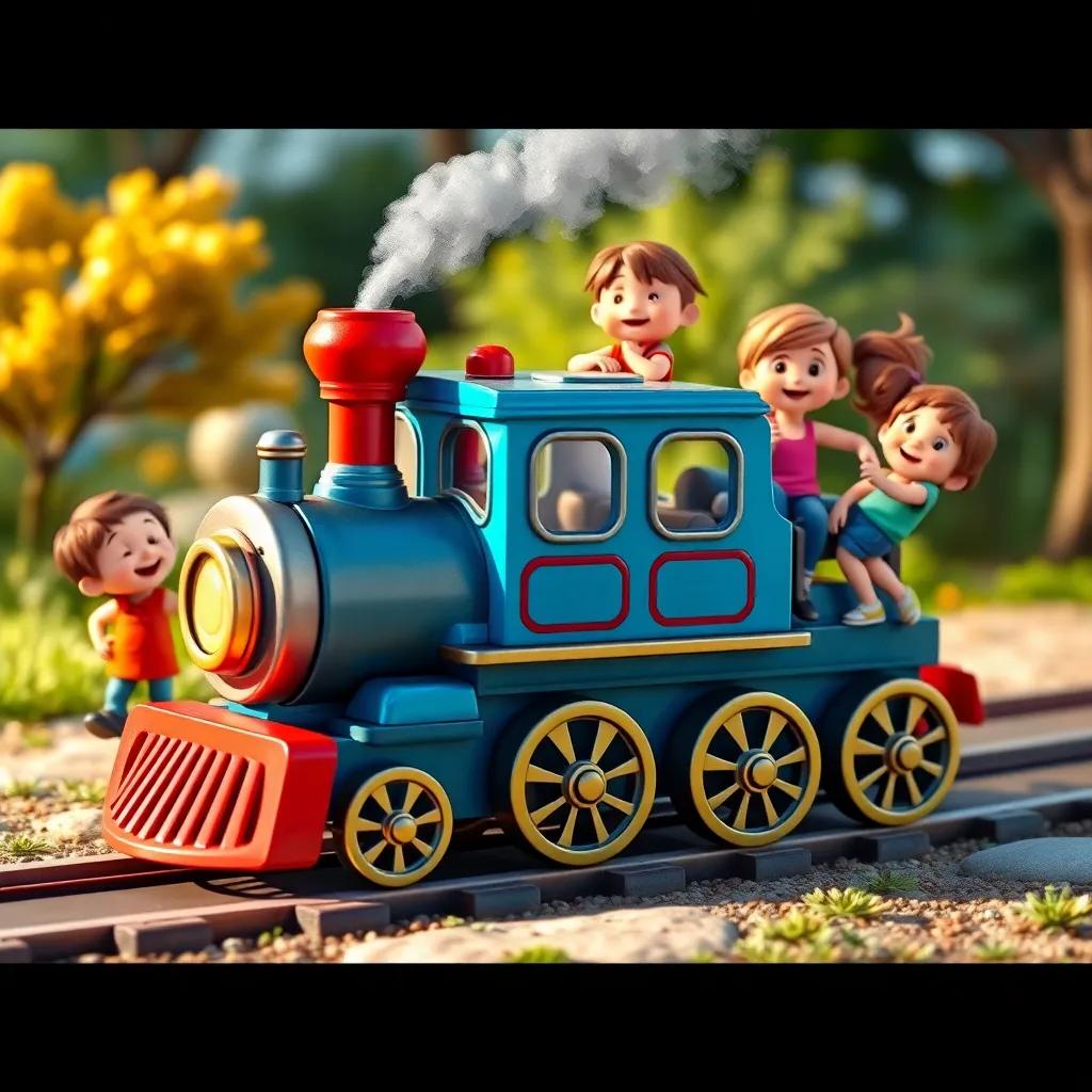 A small toy train with shiny wheels and a bright red engine puffing clouds of steam, surrounded by happy children climbing aboard, whimsical scenery, joyful expressions, bright and lively, high quality