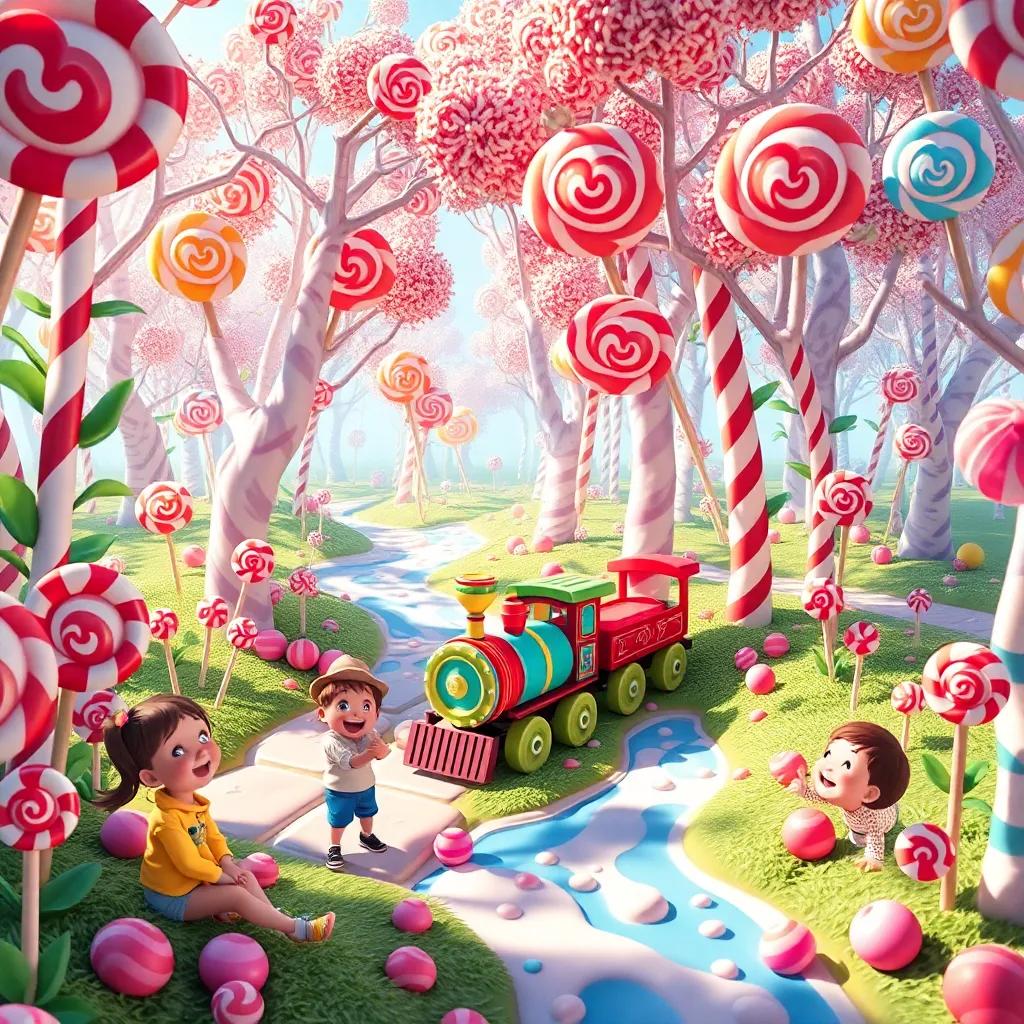 A bright candy forest with trees made of lollipops and rivers flowing with chocolate milk, children laughing and playing, with the toy train in the middle, colorful and fun, dreamy atmosphere, high quality