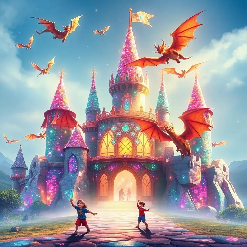 A sparkling castle made of glittering gems, friendly dragons flying overhead, children playing tag with the dragons, fantastic and magical scene, rich colors, fantasy feel, high quality