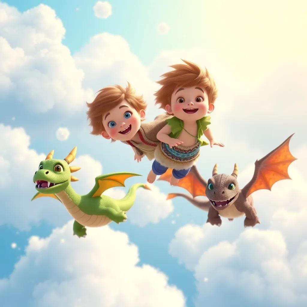 Children flying through the sky with friendly dragons, feeling like heroes, amidst fluffy clouds, bright blue skies, magical adventure, cheerful atmosphere, high quality