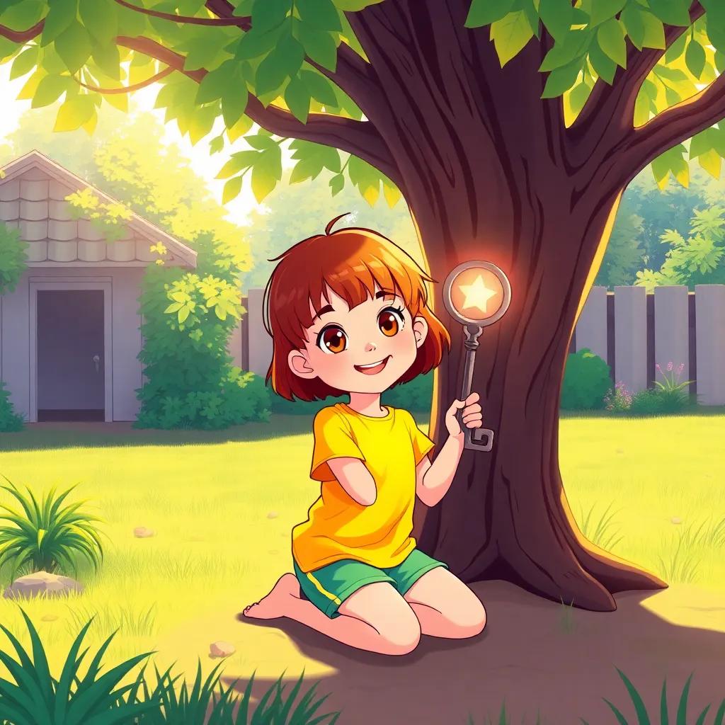 A young girl, Sam, with short brown hair wearing a bright t-shirt and shorts, kneeling under a big leafy tree in her backyard and holding a shiny old key, sunny day, cheerful mood, vibrant colors, detailed illustration, magical atmosphere, high quality
