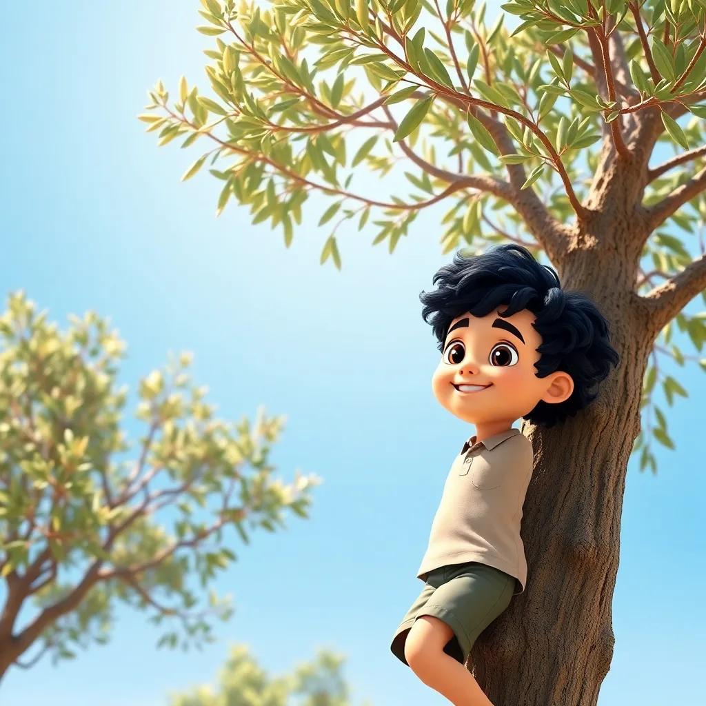 A little Palestinian boy, Amir, with curly dark hair wearing a simple shirt and shorts, climbing a tall olive tree under a bright blue sky, digital art, vibrant colors, cheerful atmosphere, high quality