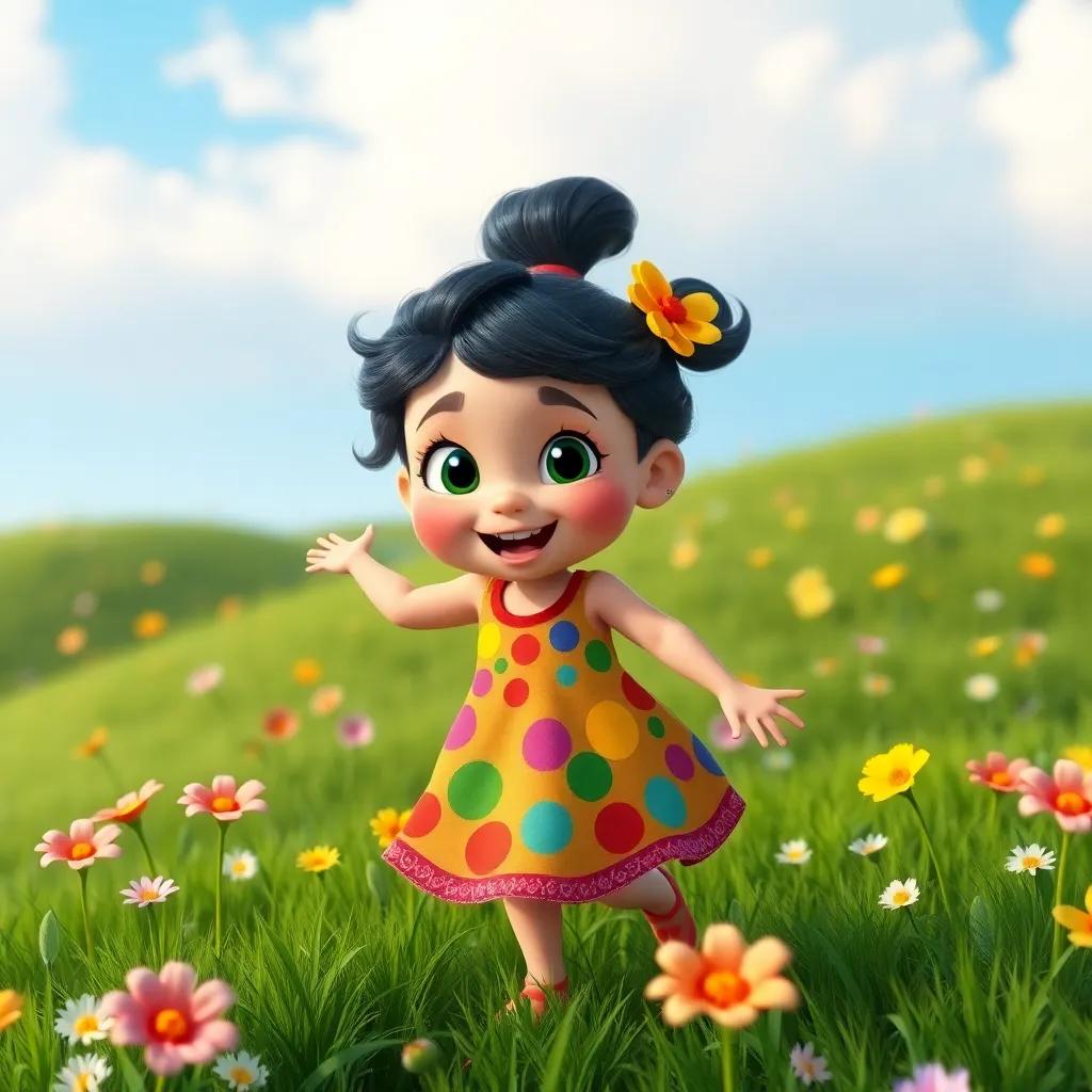 A happy little noun, Nelly, a young girl with bright eyes, in a colorful dress, dancing in a grassy hill with flowers around her, joyful atmosphere, digital art, vibrant colors, cheerful mood, high quality