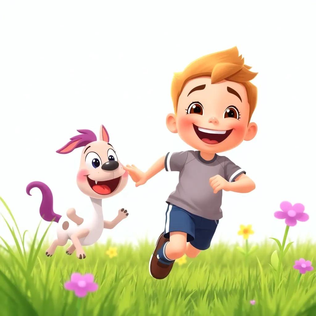 A lively action word, Andy the verb, a young boy with short hair, wearing a sporty t-shirt and shorts, smiling brightly while running in the grass alongside Nelly, energetic scene, illustration, dynamic, cheerful energy, child-friendly
