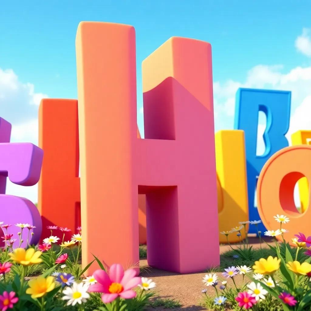 A cheerful letter H, standing tall and proud among other colorful letters, in a sunny alphabet land, surrounded by flowers and blue skies, digital art, vibrant colors, inviting atmosphere, highly detailed, storytelling view