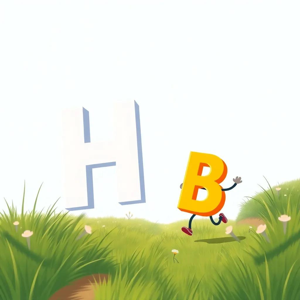 A lively race between letters, with H leading the way, and a little letter B struggling, grassy fields with excitement in the air, digital illustration, cheerful, fun scene, bright colors, high quality