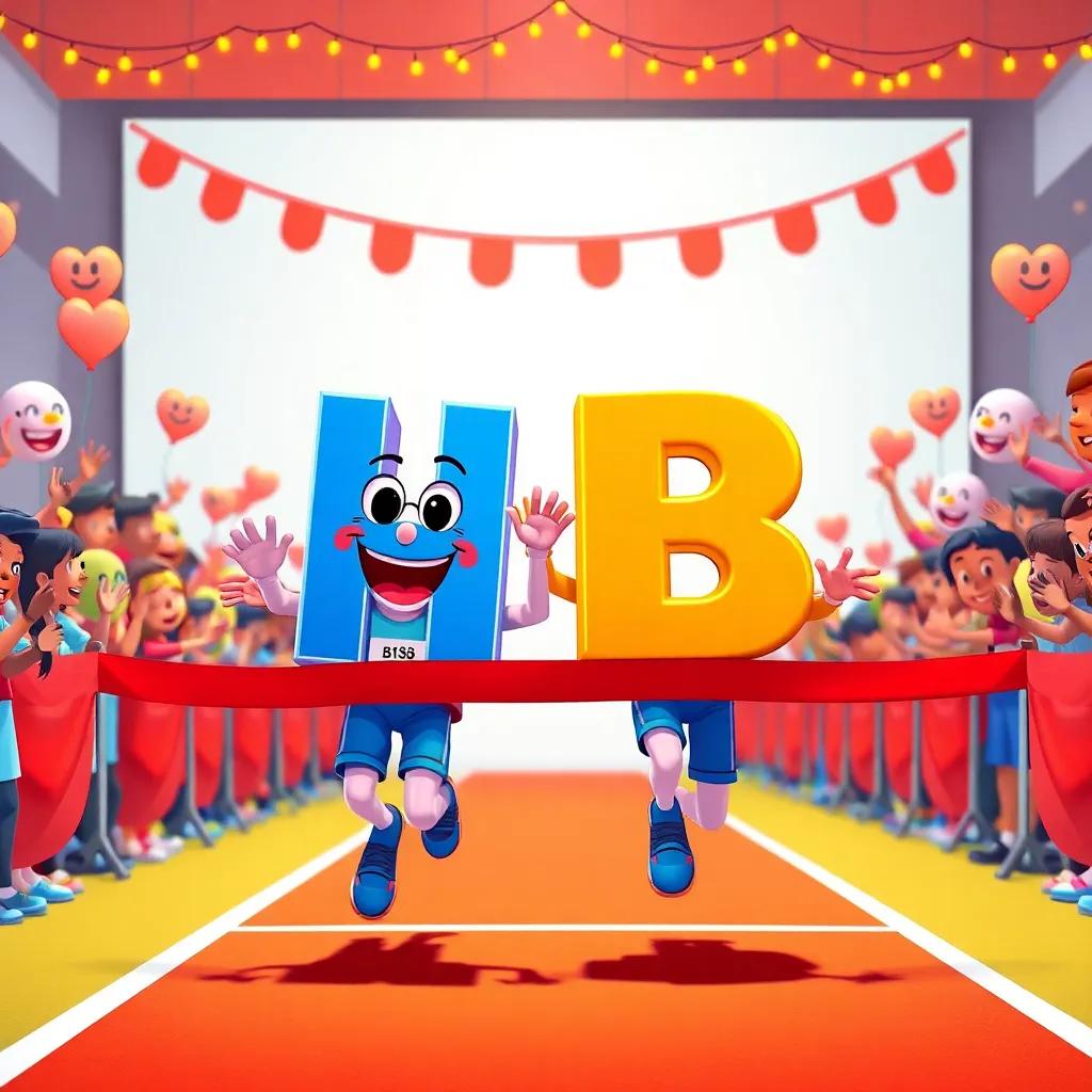 H and B crossing the finish line together, surrounded by cheering letters with happy expressions, festive and supportive environment, colorful, rich in joy, high quality