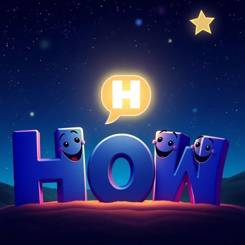 The letters celebrating together under starry night, H speaking with joy, other letters listening excitedly with smiles, colorful night sky backdrop, warm glow, friendly atmosphere, highly detailed, storytelling view