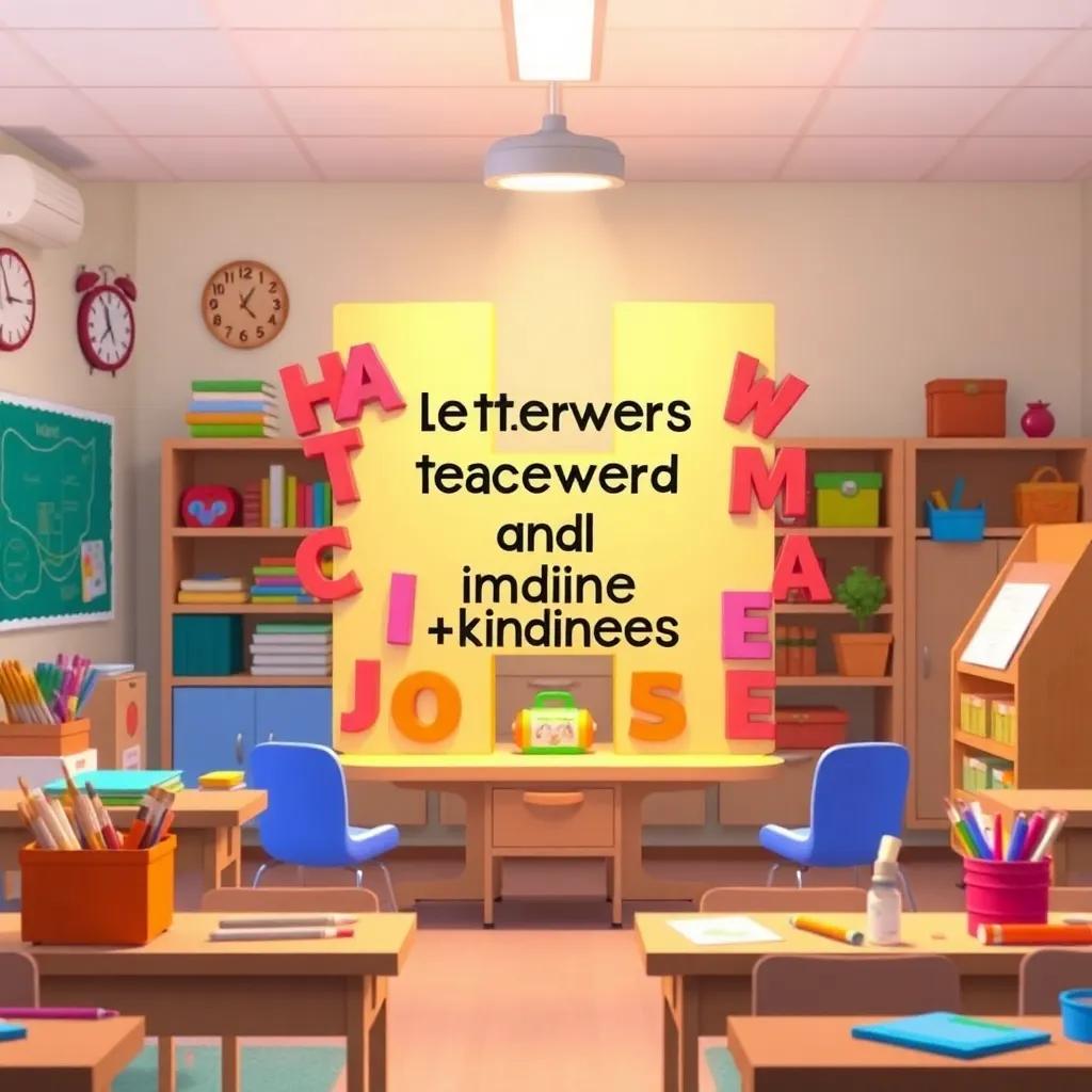 H surrounded by letters in a classroom, teaching them about teamwork and kindness, a friendly and inspiring learning atmosphere, colorful art supplies, bright light, engaging scene, child-friendly