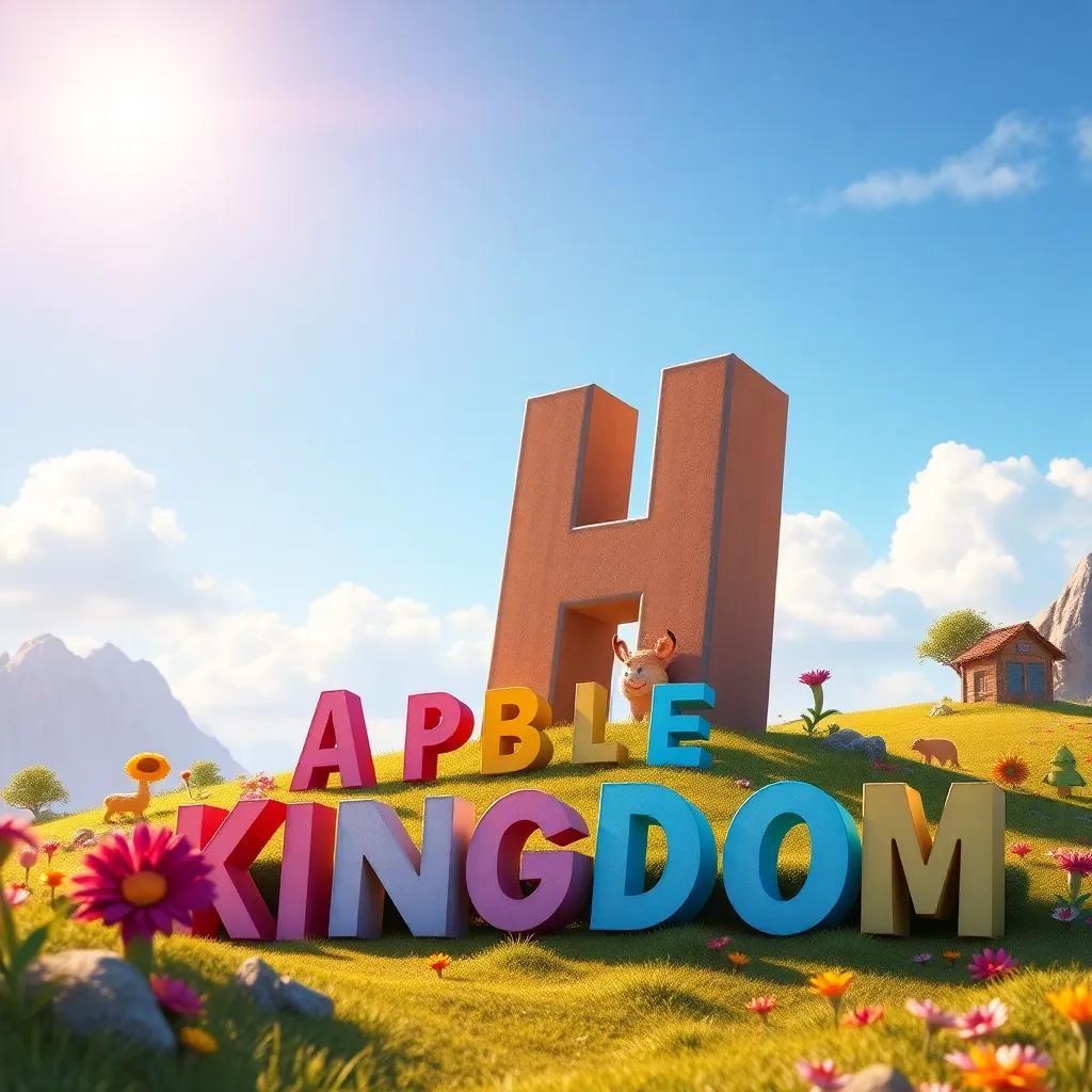 H standing tall in the Alphabet Kingdom, with letters nesting beside him creating beautiful words, colorful landscape, joy and creativity in the air, warm sunlight, storytelling view, digital art