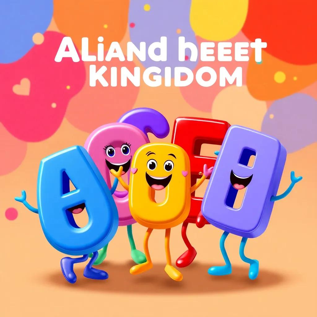 The letters, united and happy, celebrating their friendships, dancing together in the Alphabet Kingdom, vibrant backgrounds with various letter shapes, cheerful vibe, lively scene, high quality