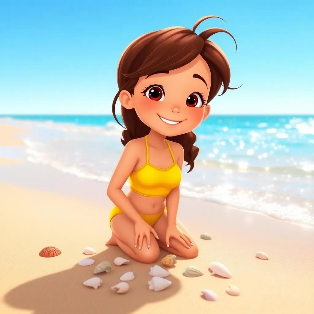 A girl named Mia with brown hair, wearing a bright yellow swimsuit, collecting shells on the sandy beach, sunlight sparkling on the water, fun and happy, clear blue sky, cheerful, child-friendly