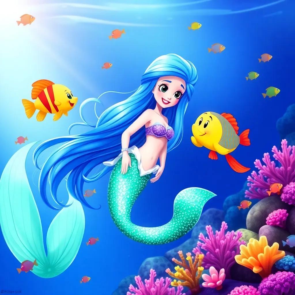 Lila, a beautiful mermaid with long, flowing blue hair and a sparkling green tail, smiling at Mia in the ocean, surrounded by colorful fish and vibrant coral, cheerful, bright colors, underwater scene