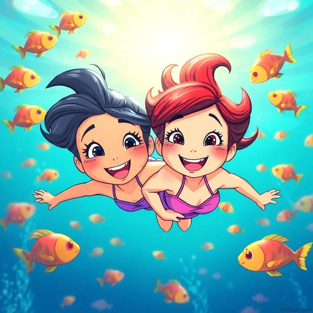 Mia and Lila swimming together, drawn with playful expressions, colorful fish around them, reflecting the sun's rays, joyful and adventurous, digital art, child-friendly