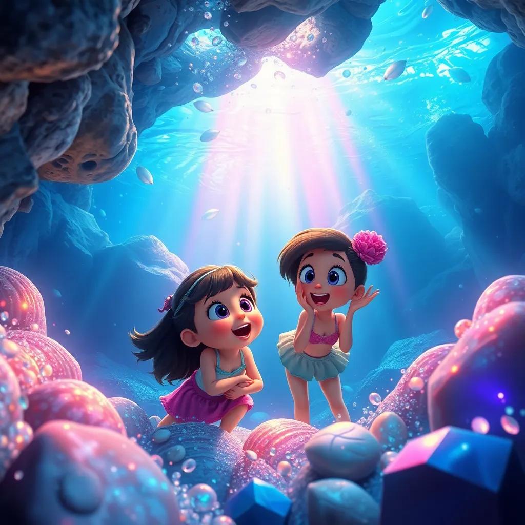 An underwater cave with shining shells and sparkling stones, Mia and Lila looking amazed and excited, colorful light beams filtering through the water, enchanting and magical atmosphere, vibrant colors
