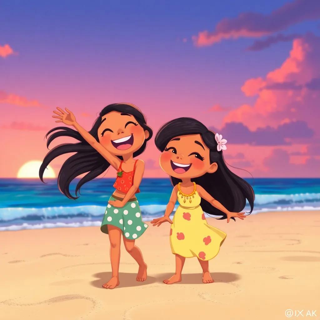 Mia and Lila laughing and playing together on the beach, the sunset in the background, Mia's hair blowing in the wind, joyful, warm colors, heartwarming view