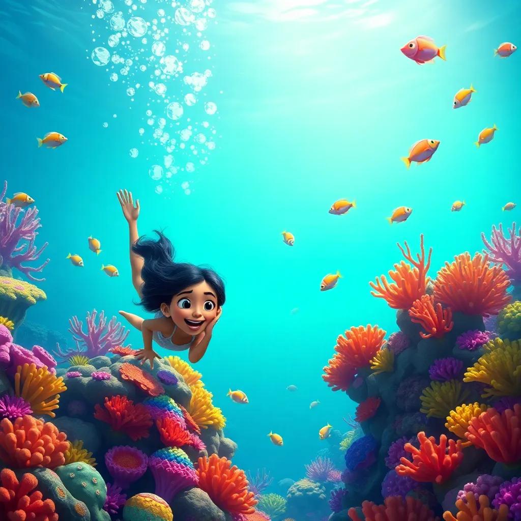 Mia and Lila diving deeper into the ocean, with Mia looking excited, colorful coral reefs and fish swimming around them, adventure-themed, beautiful underwater artwork