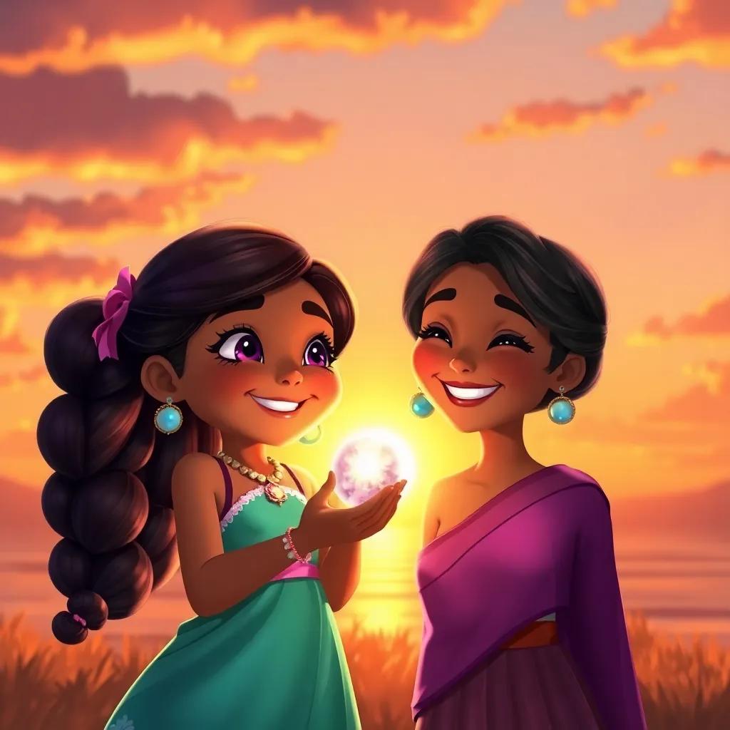 Mia and Lila celebrating their friendship at sunset, with Mia holding a shining pearl and Lila smiling proudly, warm light and happy colors, heartwarming and joyful scene