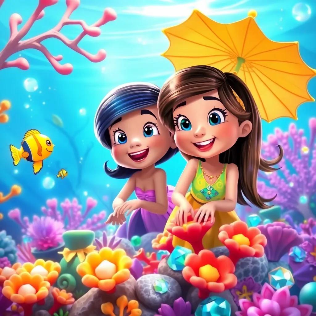 Mia and Lila exploring and playing in the underwater garden with coral and sparkling jewels, joyful expressions, vibrant colors, enchanting underwater landscape
