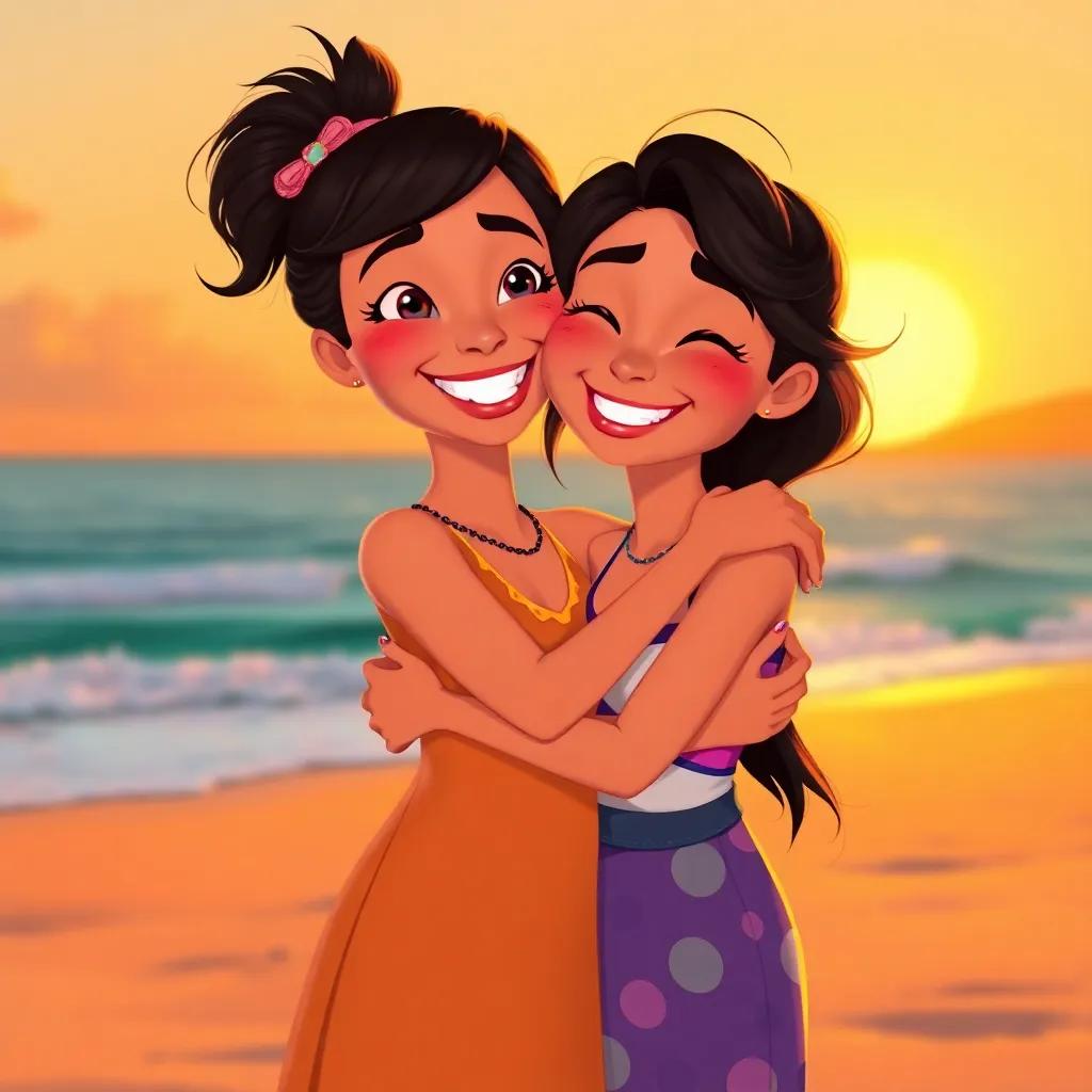 Mia hugging Lila at the beach with the sun setting, creating a warm orange glow, both smiling brightly, heartwarming moment, colorful and cheerful
