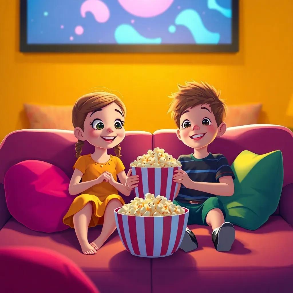 Zoe and Max, two young children, sitting on a cozy couch with bright pillows and a big bowl of popcorn, watching a movie on a screen, warm yellow lighting, cheerful atmosphere, illustration, colorful, inviting scene, high quality