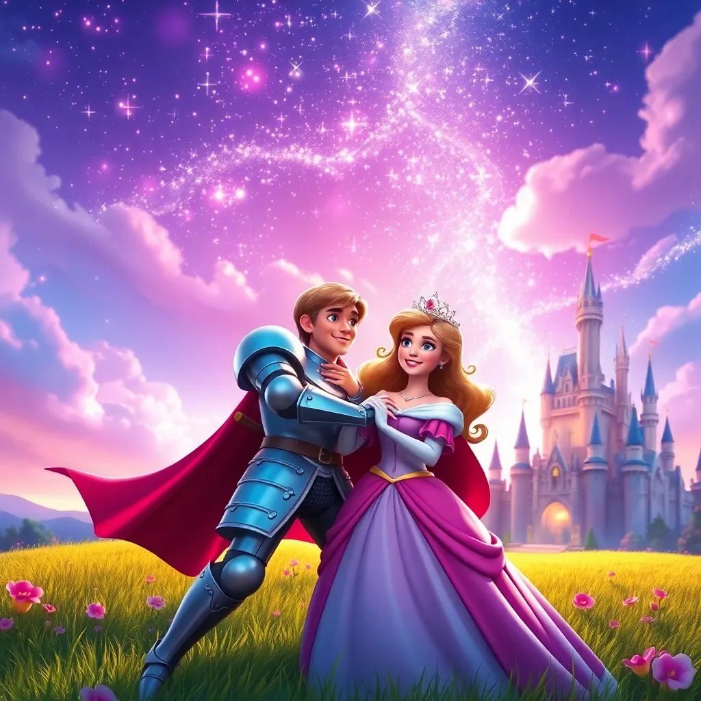 The movie scene with a brave knight rescuing a princess, with a dreamy sparkling sky above them, a castle in the background, bright and magical colors, digital art, vibrant and enchanting, rich details, high quality