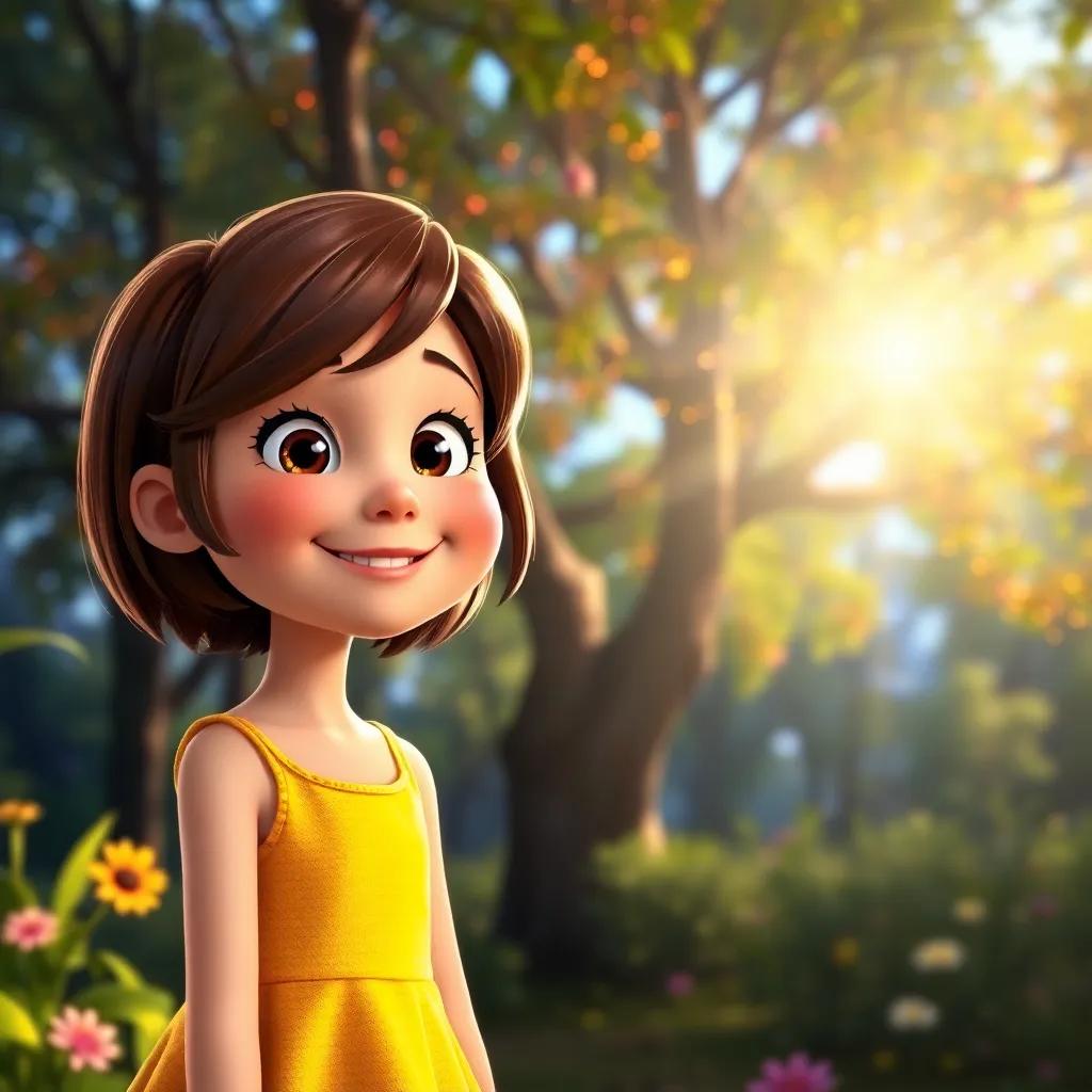 A cheerful girl, Emma, with short brown hair, wearing a bright yellow dress, standing in front of a colorful sparkling tree in a sunlit forest, digital art, vibrant colors, inviting atmosphere