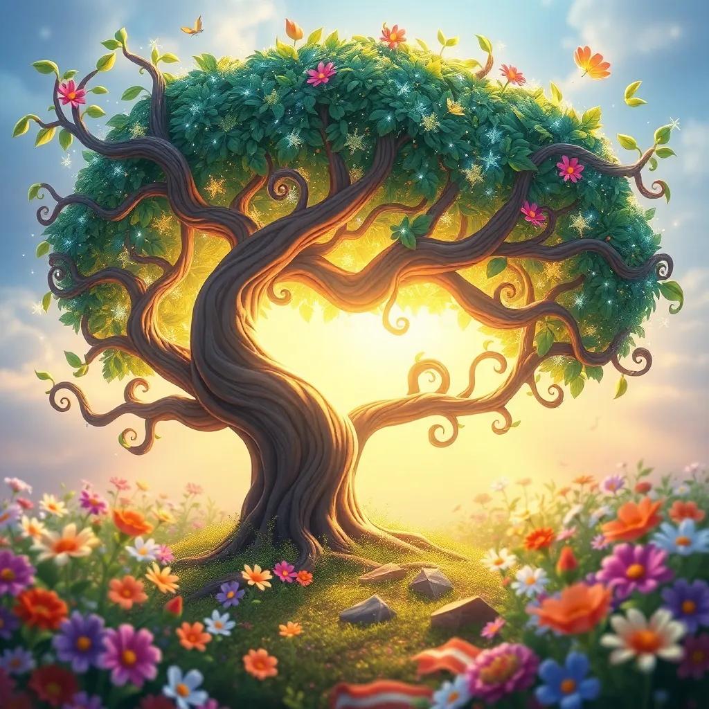 The magical singing tree with swirling branches and sparkling leaves, surrounded by bright flowers and sunlight filtering through, whimsical style, colorful, enchanting