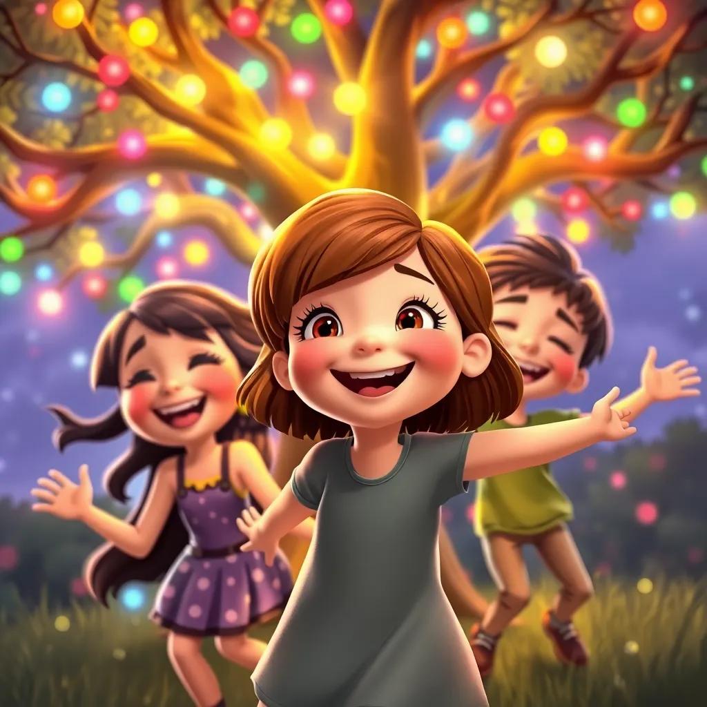Emma, a cheerful girl, with short brown hair, and friends Mia and Liam, laughing and dancing around a singing tree with colorful lights, joyful, dynamic composition, child-friendly