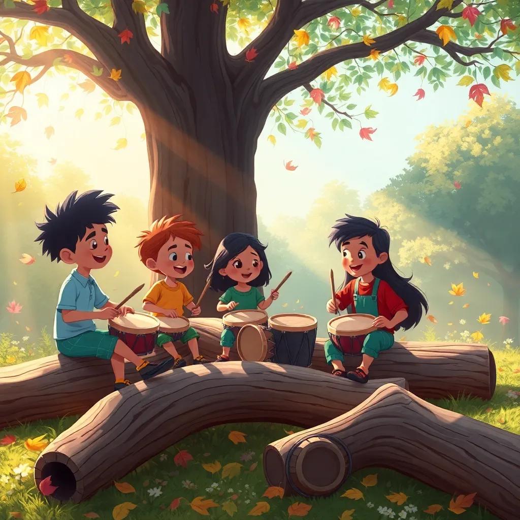 The friends playing drums on fallen logs beneath the musical tree, with colorful leaves swirling around them and soft sunlight streaming down, illustration, cheerful, heartwarming
