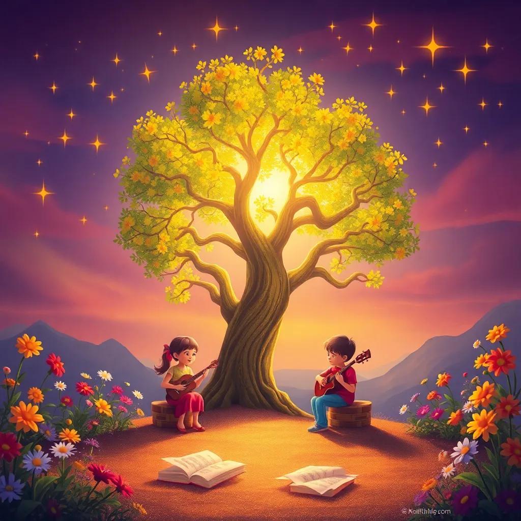 The tree glowing brightly at sunset with the children playing instruments under it, surrounded by twinkling stars and colorful flowers, magical atmosphere, warm colors, delightful