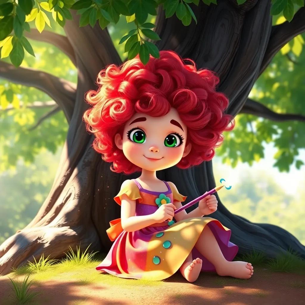A young girl, Blossom, with bright curly hair, wearing a colorful dress, holding a magical paintbrush, sitting under a big tree, bright sunlight streaming through leaves, cheerful atmosphere, digital art, colorful, enchanting, child-friendly