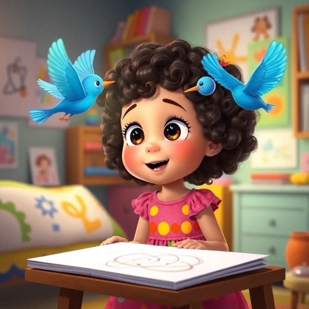 Blossom, a young girl with curly hair in a colorful dress, excitedly watching a bright blue bird fly off the page she painted, her eyes wide with surprise, colorful bedroom filled with drawings, soft light, joyful mood, digital illustration, child-friendly