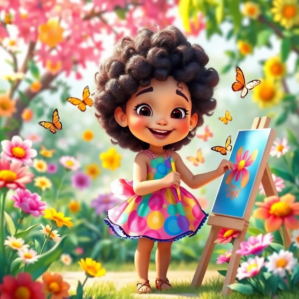 A joyful scene of Blossom with curly hair, wearing a colorful dress, painting a vibrant garden with dancing flowers and butterflies, bright colors surrounding her, sunny day, playful atmosphere, digital art, whimsical, inviting