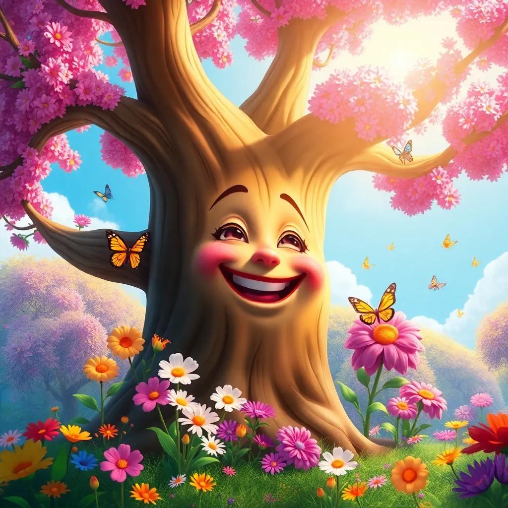 A big friendly tree with a joyful face, smiling at Blossom, with colorful flowers and butterflies around, the sun shining bright, colorful and vibrant, magical land, digital painting, cheerful, lively