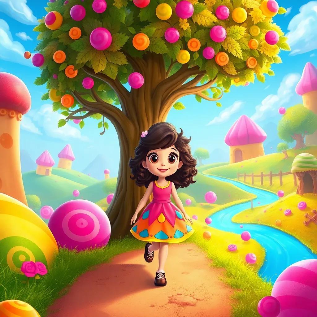 Blossom with curly hair and a colorful dress, walking with a smiling tree, entering a magical land full of candy hills and chocolate rivers, bright colors, fantasy world, child-friendly illustration, vibrant, enchanting