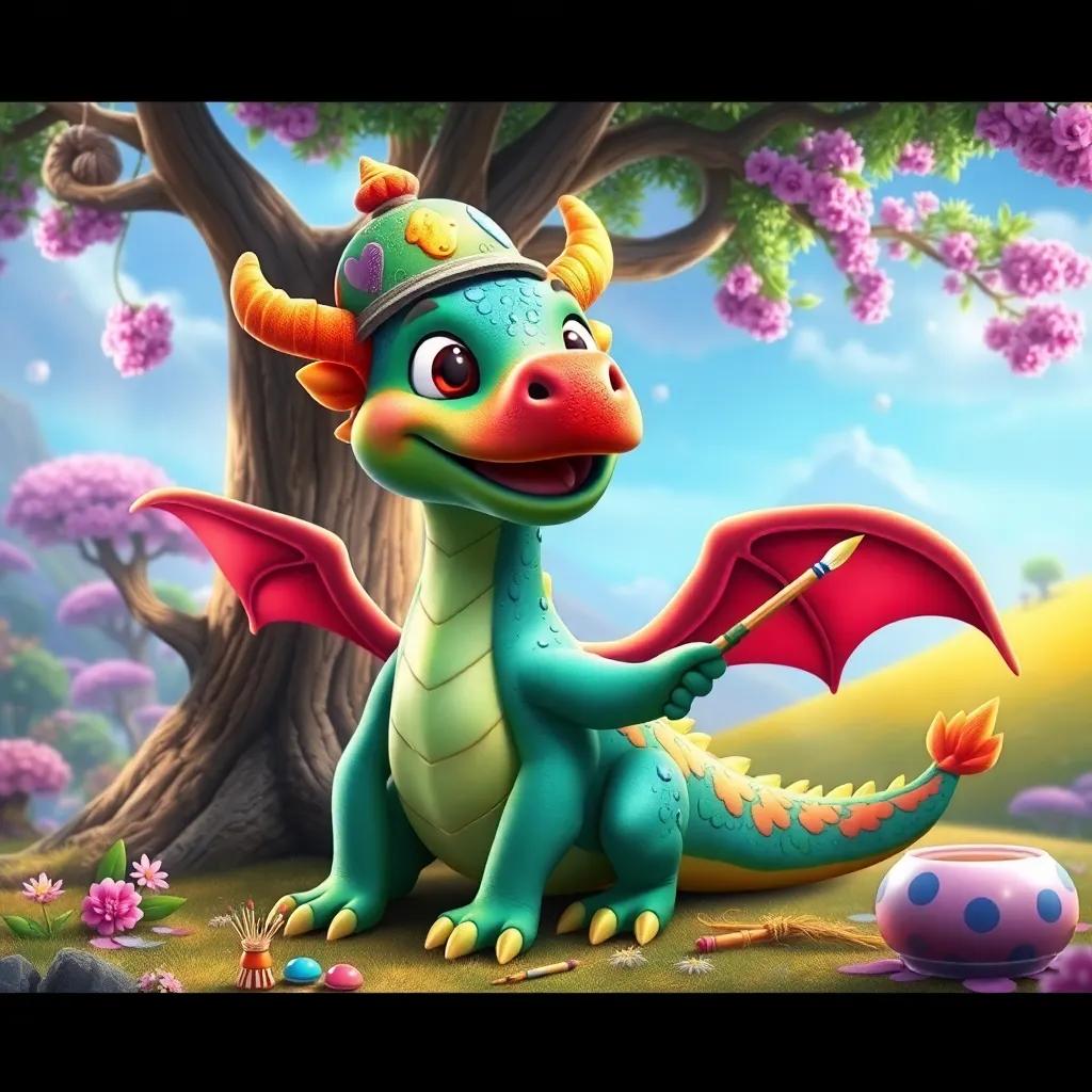 A playful dragon with colorful scales, wearing a paint hat, joyfully painting with Blossom and the tree, surrounded by magic colors and beautiful landscapes, fun atmosphere, digital art, vibrant, imaginative